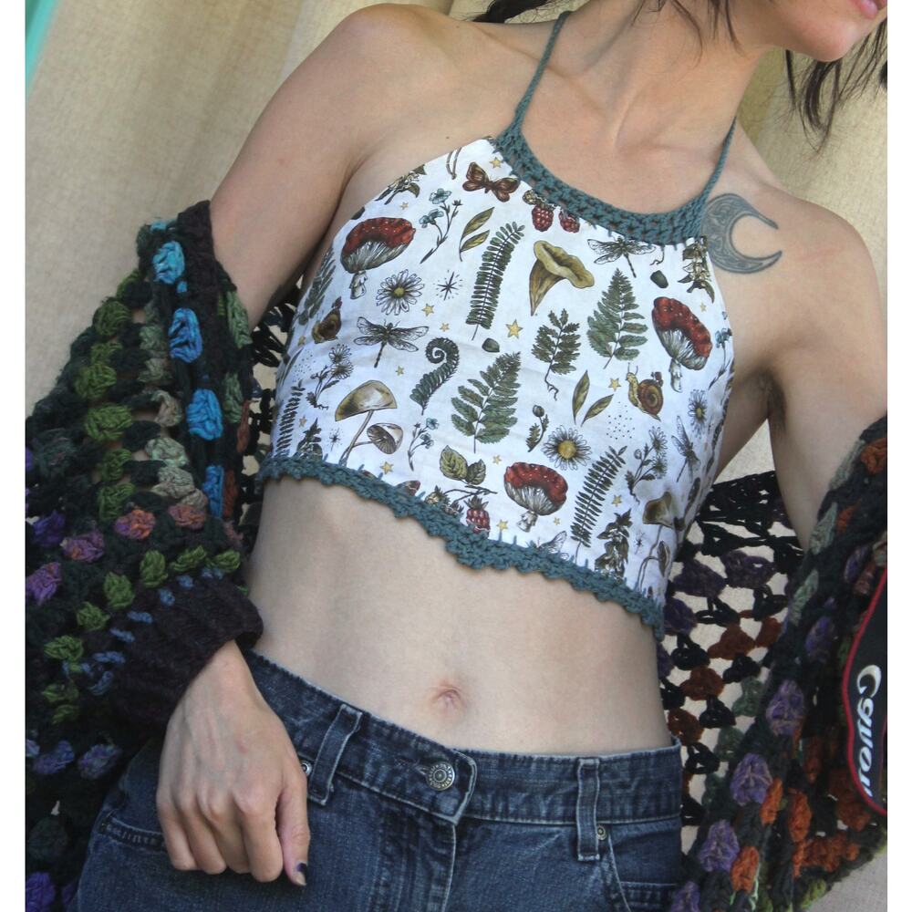 White Halter Top w/ Crochet Details- Handmade Cottagecore Summer Top